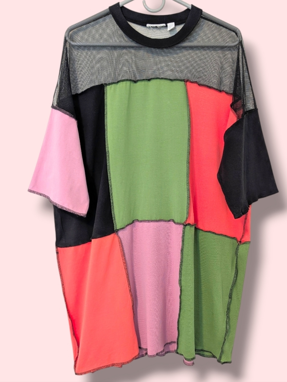 The Ragged Priest Color Block Cotton Crewneck 3/4 Sleeve Oversized Mini Dress